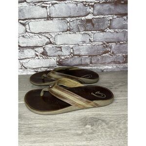 OLUKAI Ikoi Brown Leather Flip Flops Beach Sandals Men Sz 12M US/45EU 10360-1313